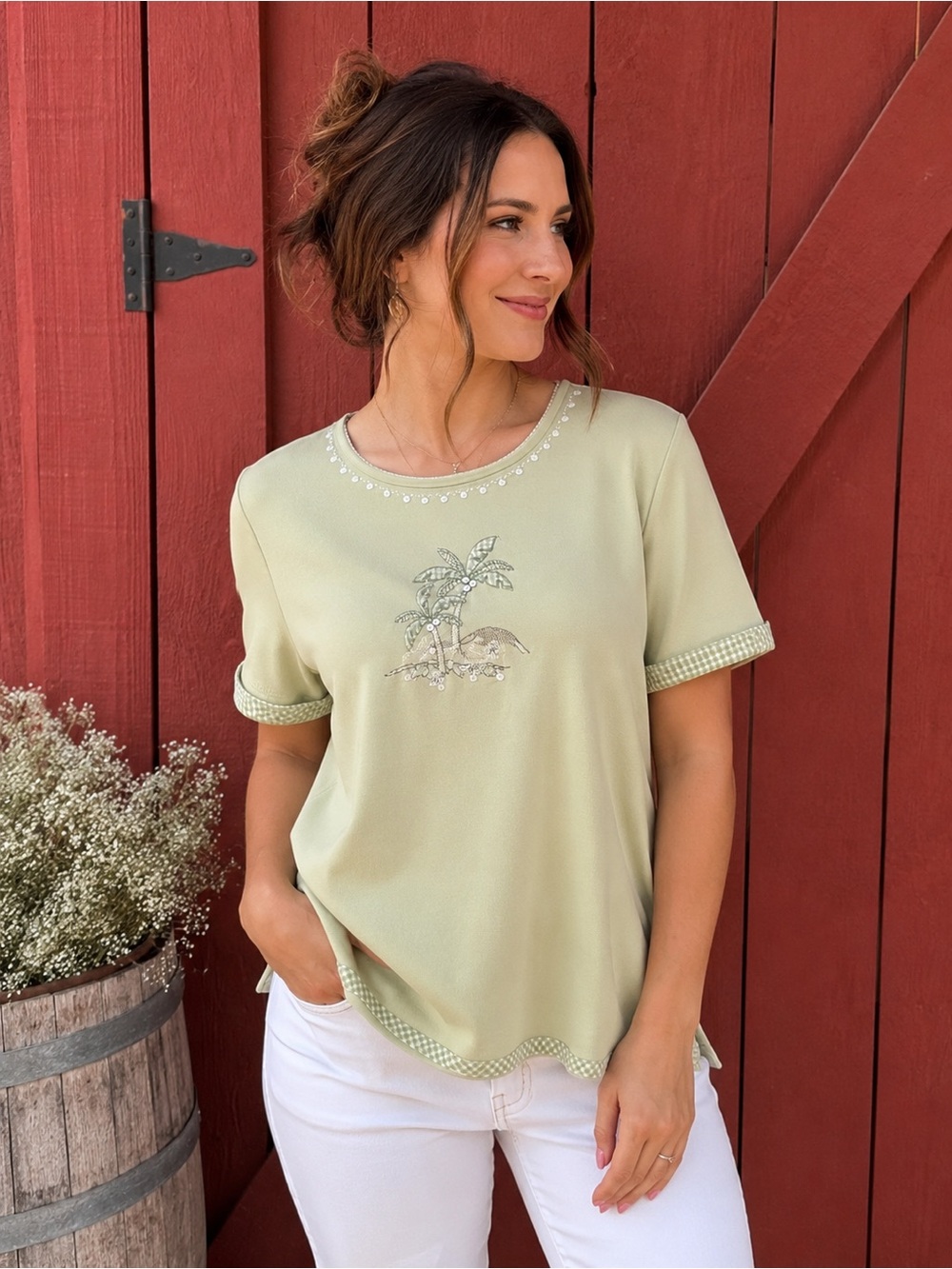 Alfred Dunner Women’s Medium Sage Green Palm Tree Embroidered Beaded Top Coastal